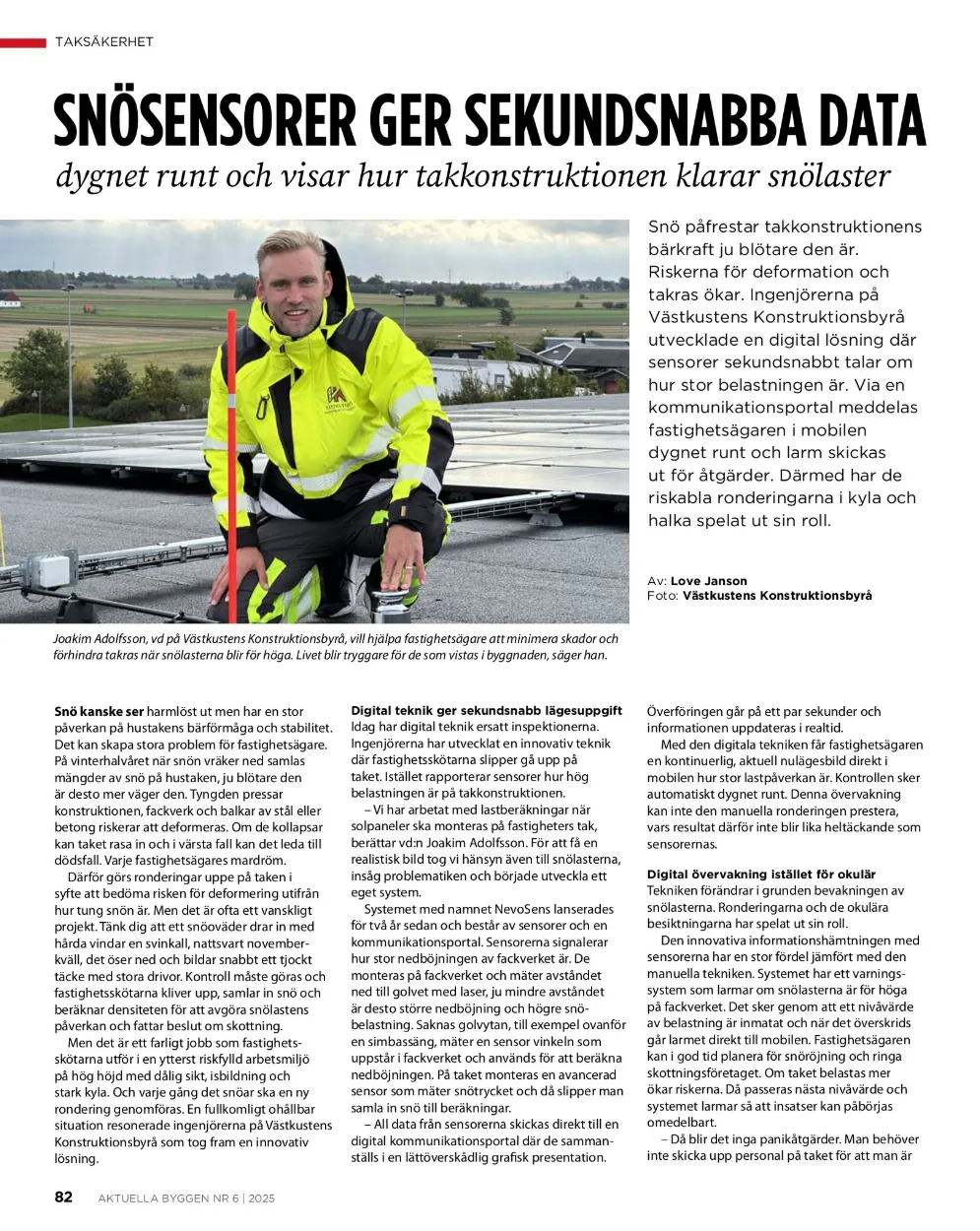Uppslag ur Aktuella Byggen nr 6 2025: 'Snösensorer ger sekundsnabba data' – reportage om NevoSens och VD Joakim Adolfsson.