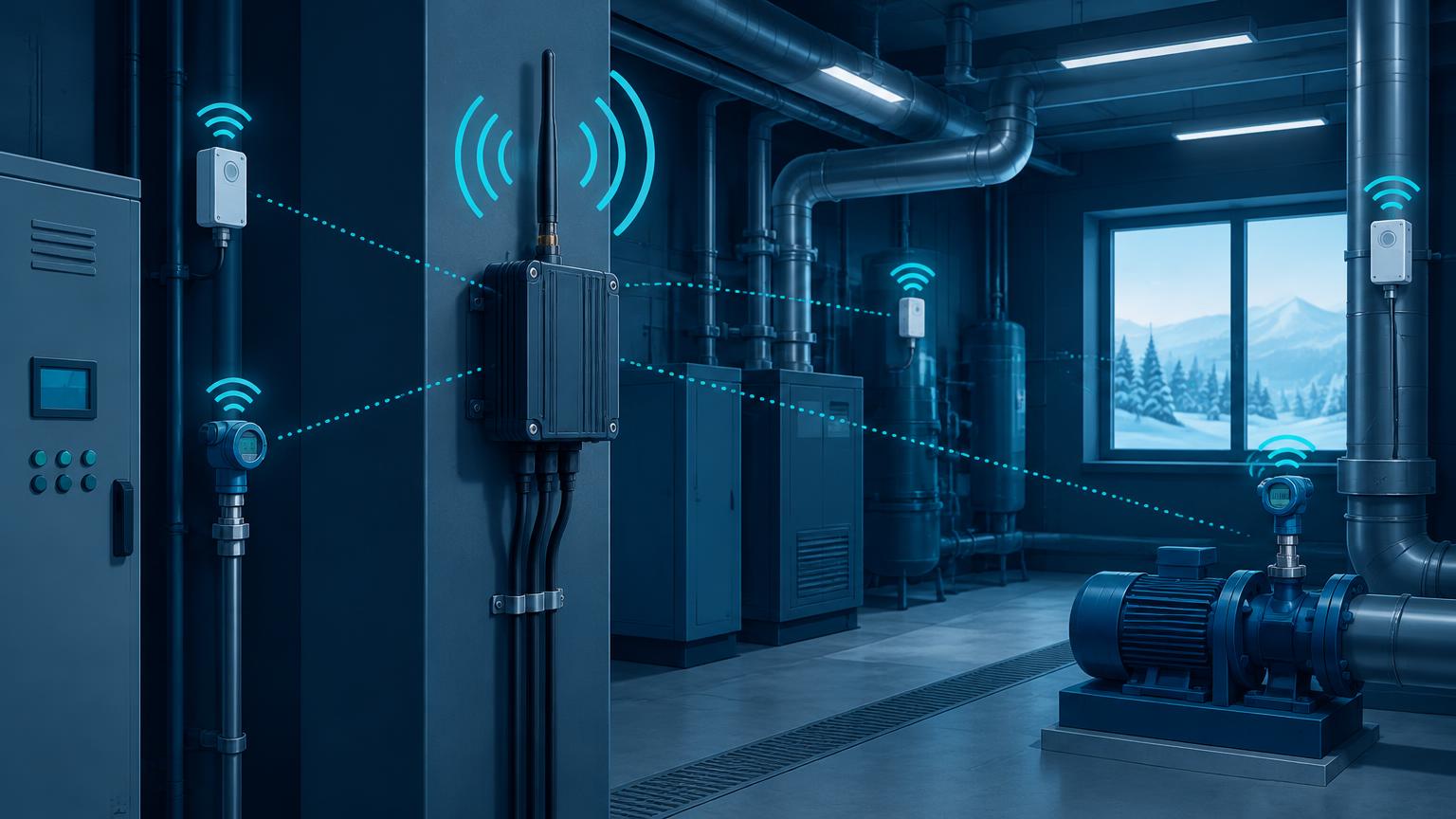 LoRa Gateway med antenne montert i et teknisk rom, trådløst koblet til sensorer