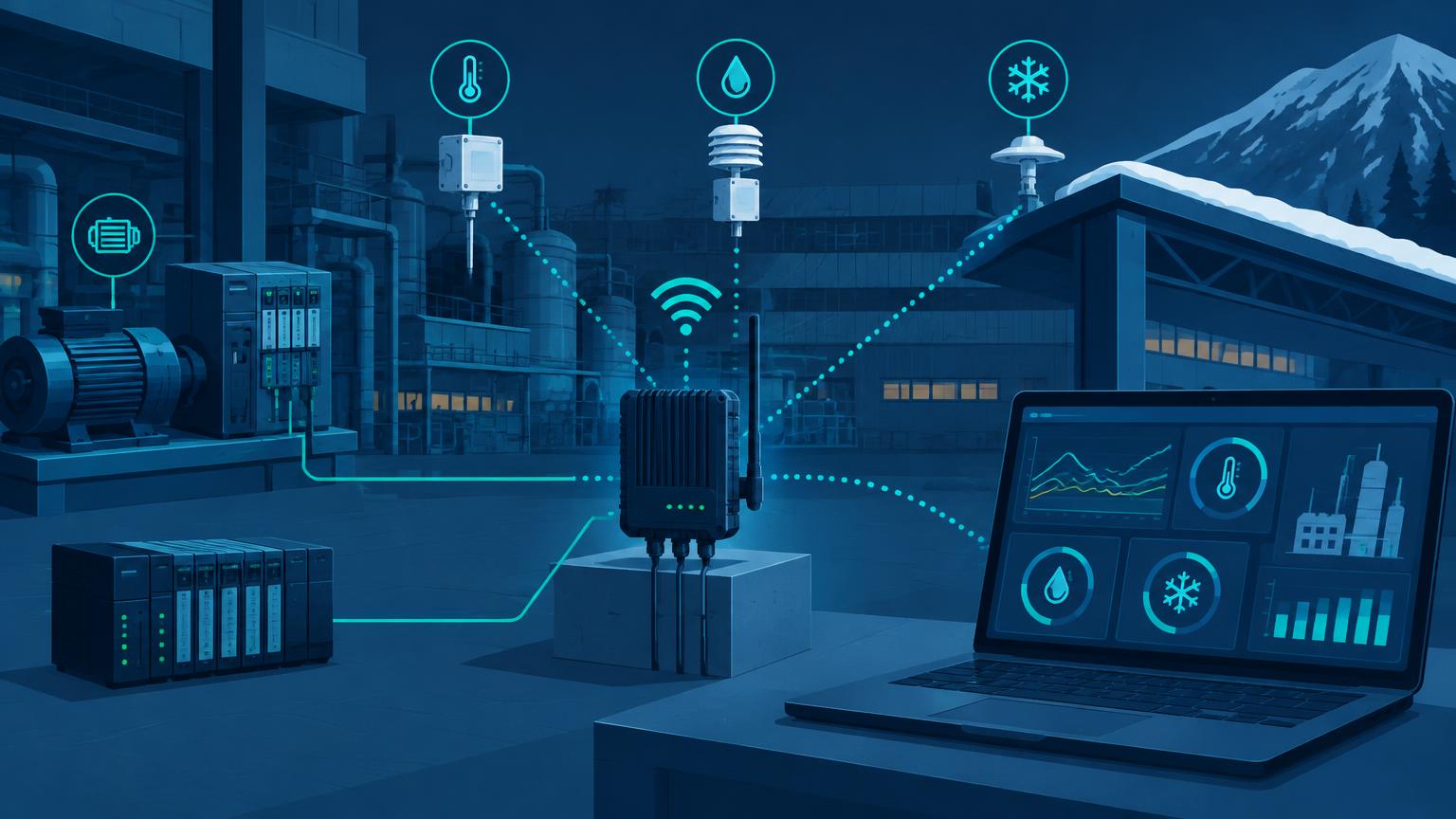 LoRa Gateway i et industrianlegg som kobler Modbus-utstyr og sensorer for temperatur, fuktighet og snølast til et overvåkingsdashbord
