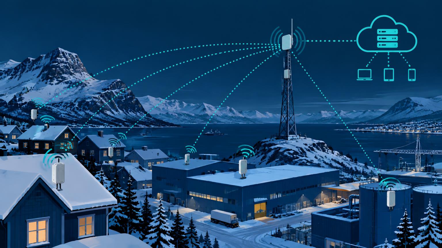 Trådløse sensorer på snødekte tak og industribygg sender data over lang avstand til en LoRa Gateway på en mast