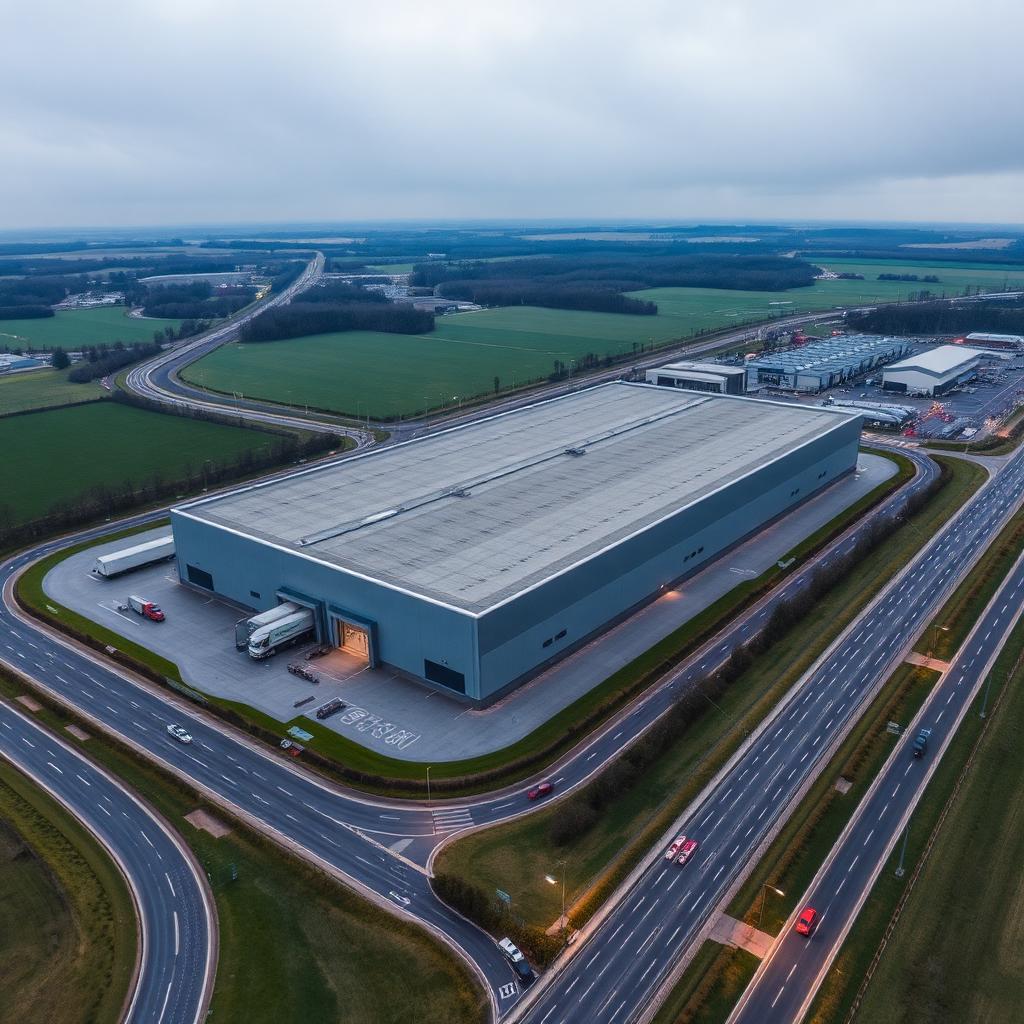 Luftaufnahme eines großen Logistikzentrums an einer deutschen Autobahn, dessen Flachdach durch NevoSens Inklinometer kontinuierlich überwacht wird