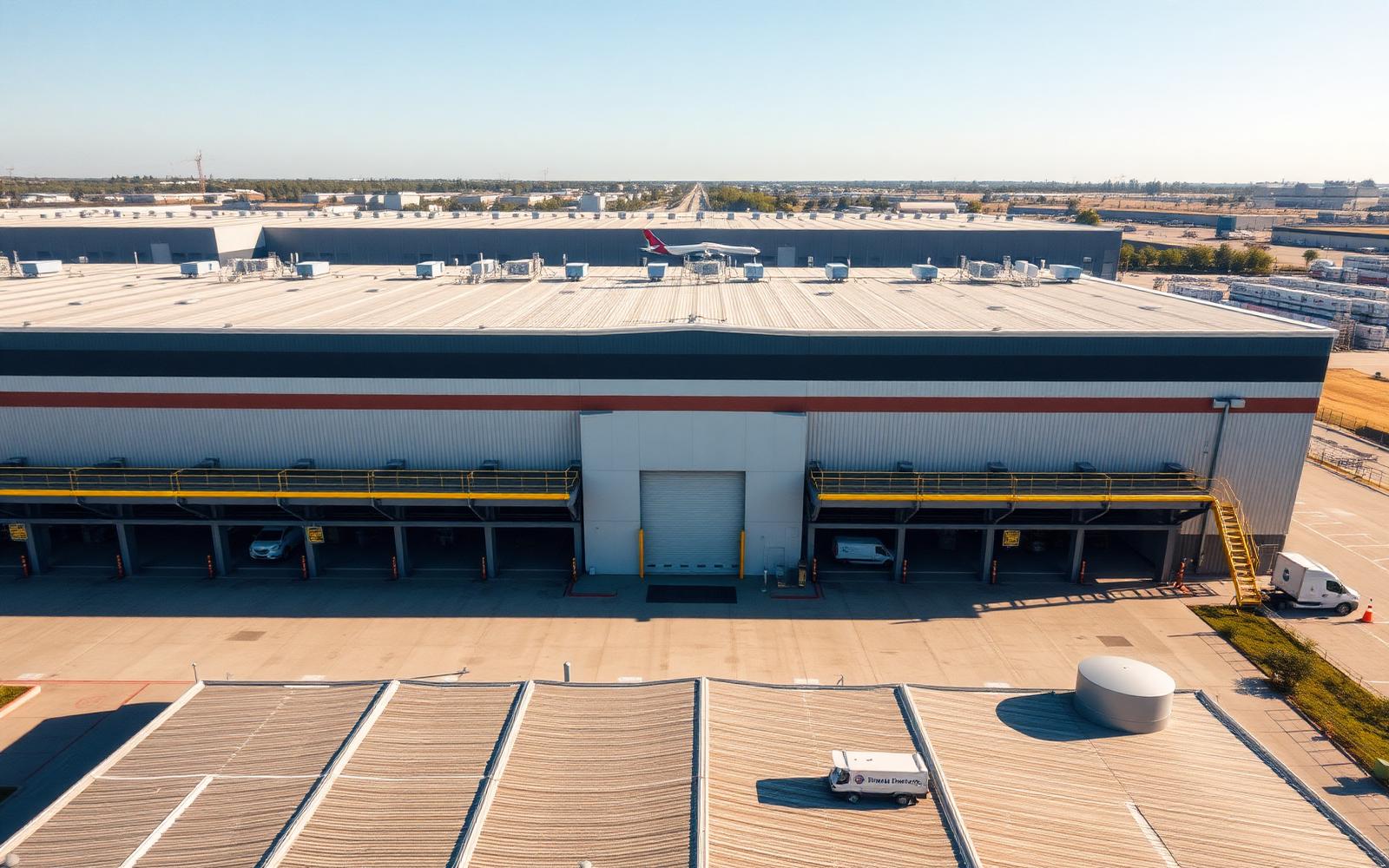 Aerial view of a modern flat-roofed logistics warehouse where NevoSens inclinometer sensors continuously monitor structural tilt