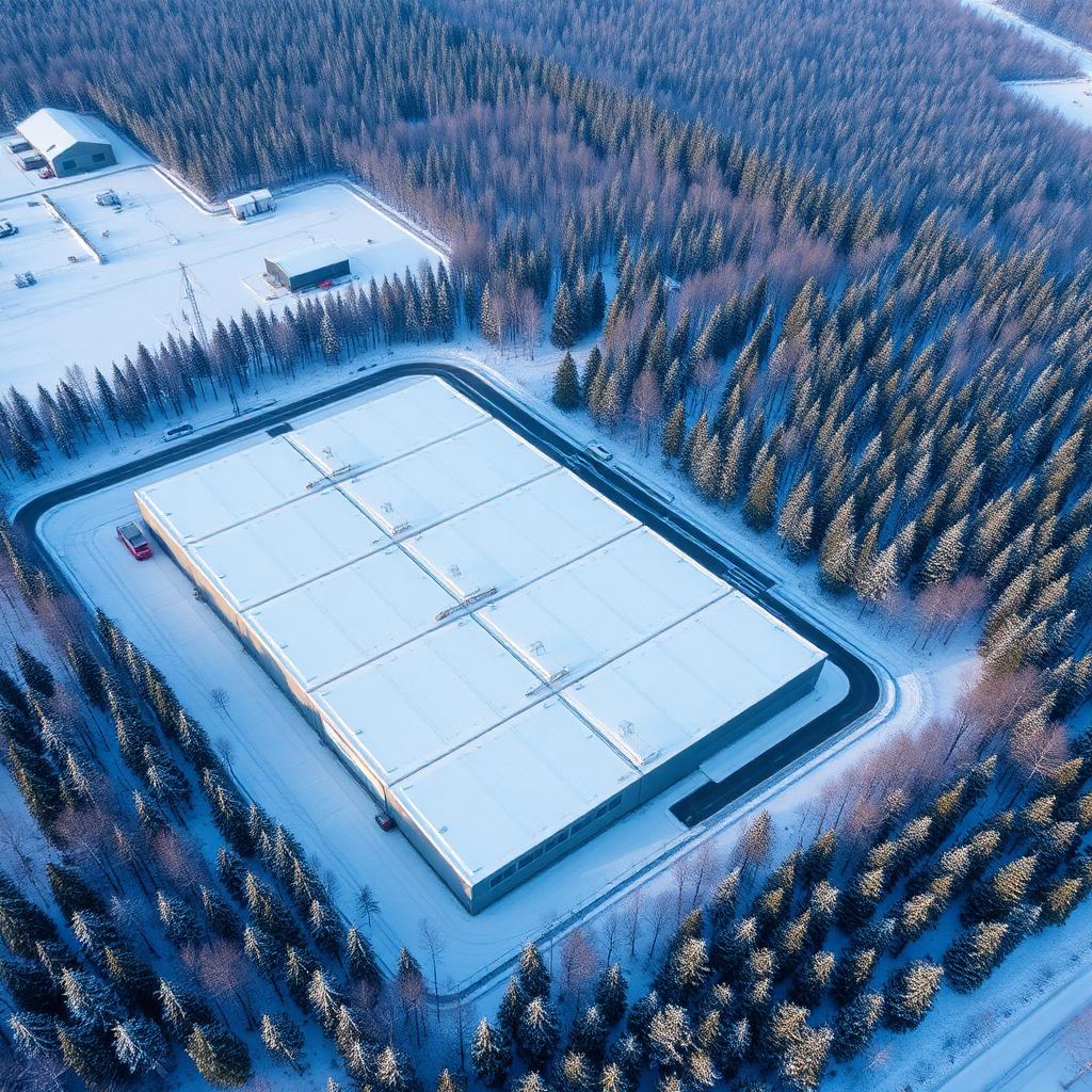 Talvinen ilmakuva suomalaisesta logistiikkakeskuksesta havumetsän keskellä, jonka lumipeitteistä kattoa NevoSens inklinometri valvoo jatkuvasti
