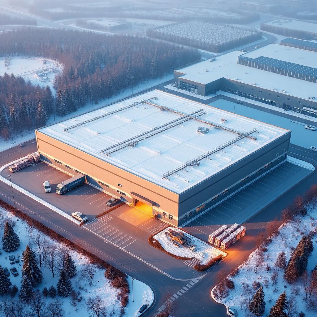 Flyfoto av moderne flatt-tak logistikkbygning hvor NevoSens inklinometer kontinuerlig overvåker strukturell helning