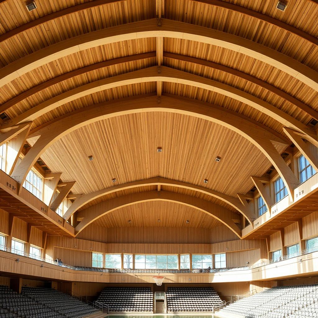 Interiör av en svensk idrottsarena med böjda limträbalkar i taket, övervakad av NevoSens inklinometer för strukturell lutning