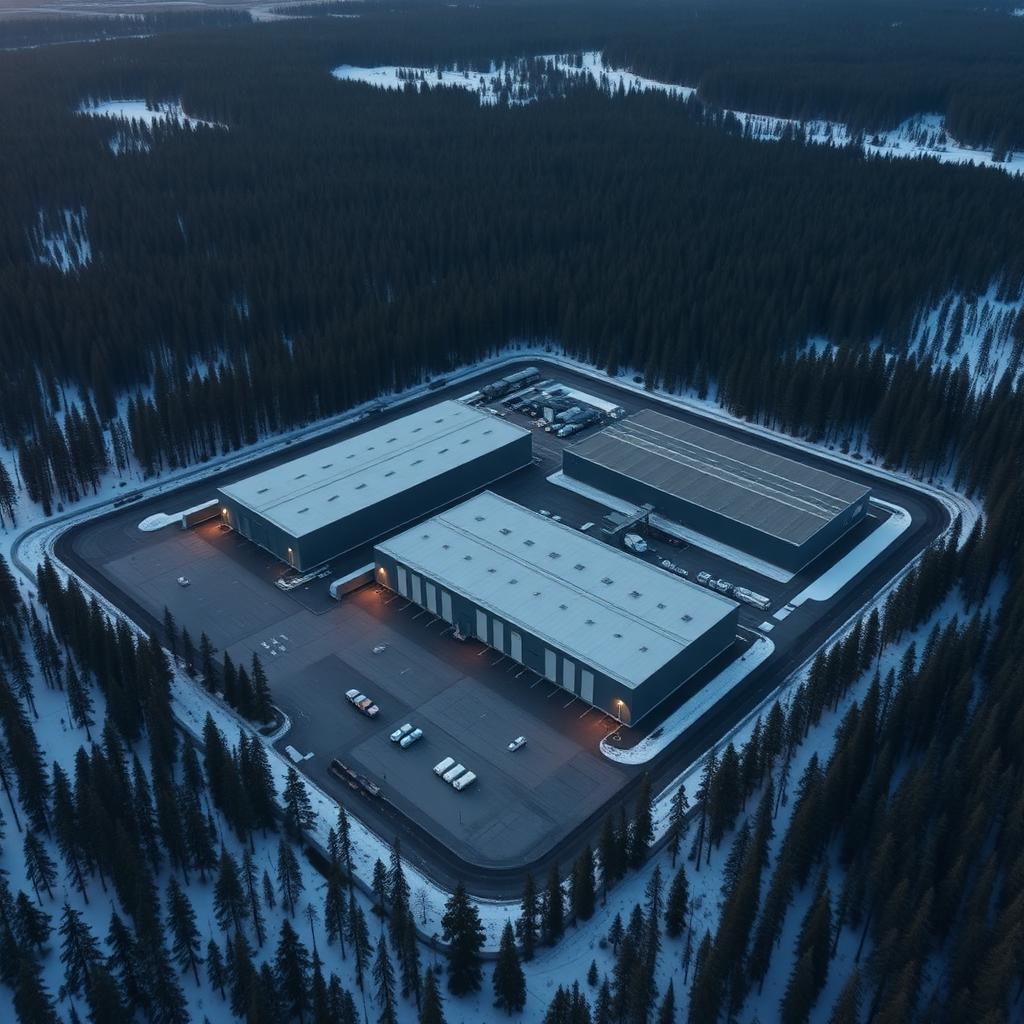 Flygfoto av en svensk industrianläggning med platta tak omgiven av tallskog där NevoSens inklinometer övervakar takens lutning