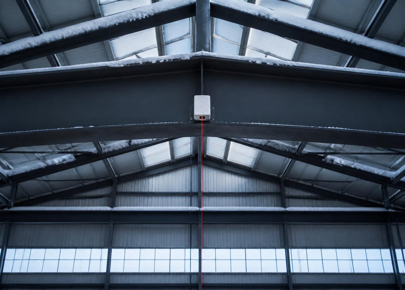 Innenansicht einer großen Industriehalle mit Stahldachfachwerk, auf dem ein NevoDef Lasermessgerät die Durchbiegung überwacht