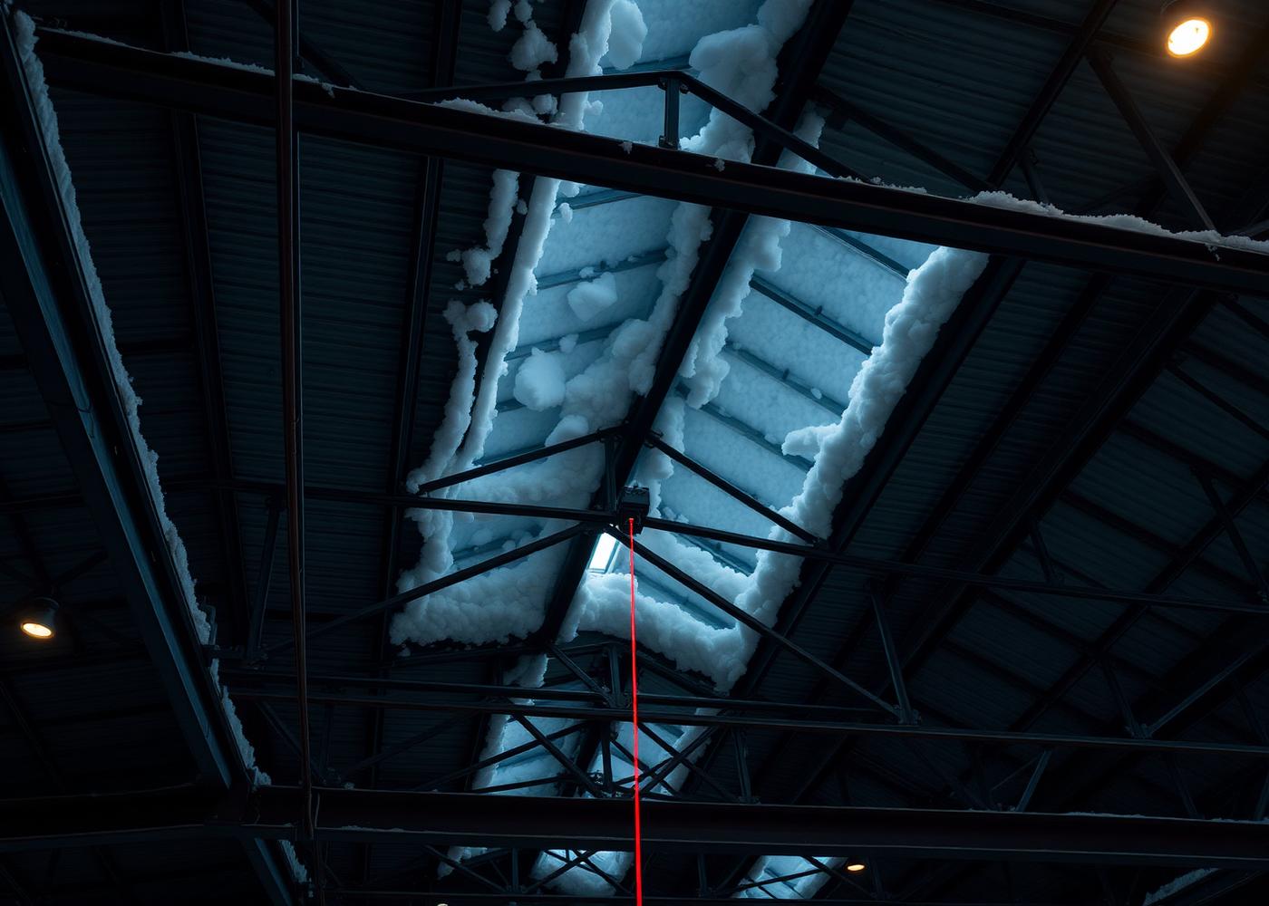 Interior view of a large industrial warehouse showing exposed steel roof trusses and beams monitored for structural deflection