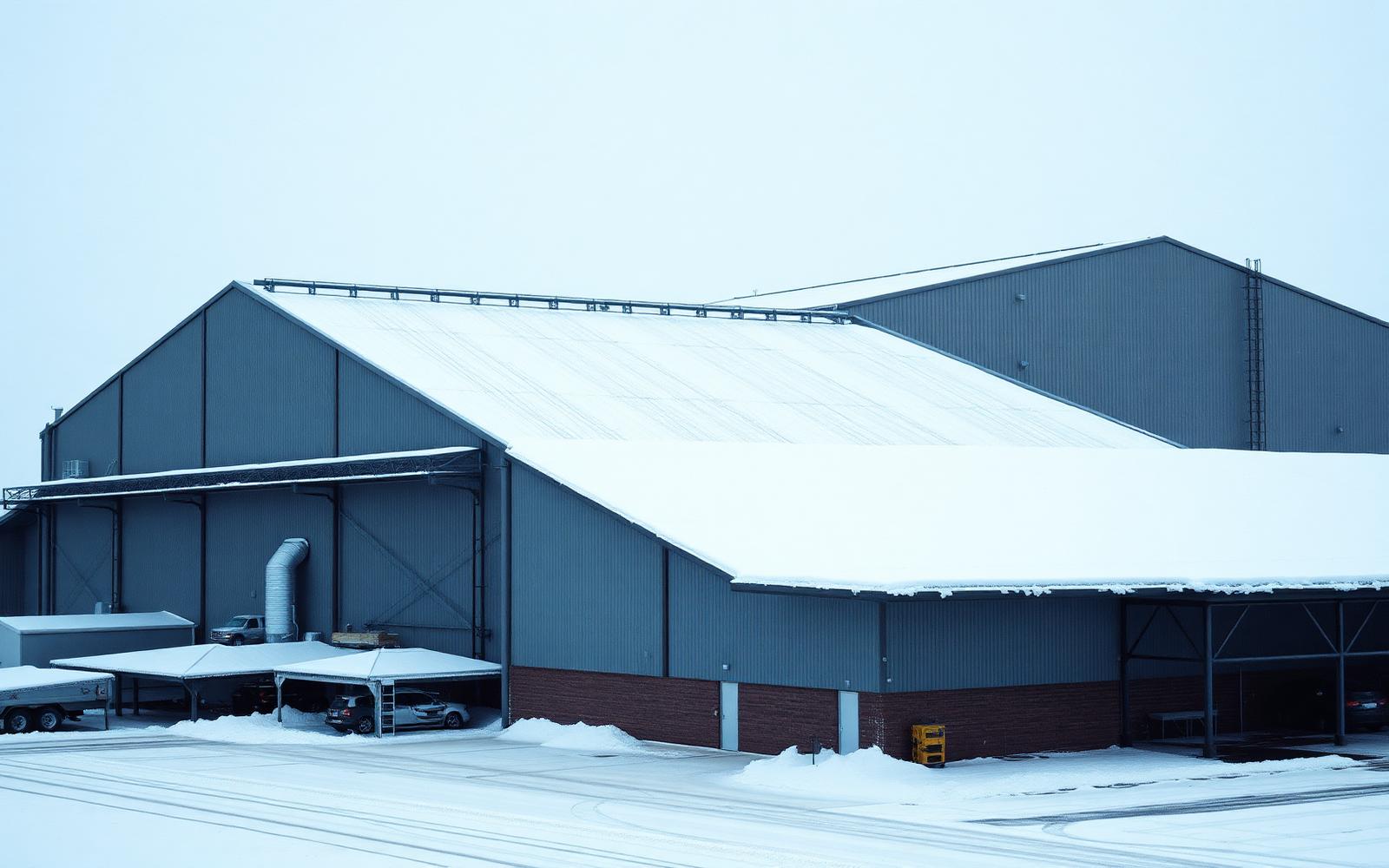 Aerial view of a modern flat-roofed logistics warehouse where laser distance sensors continuously monitor roof beam deflection