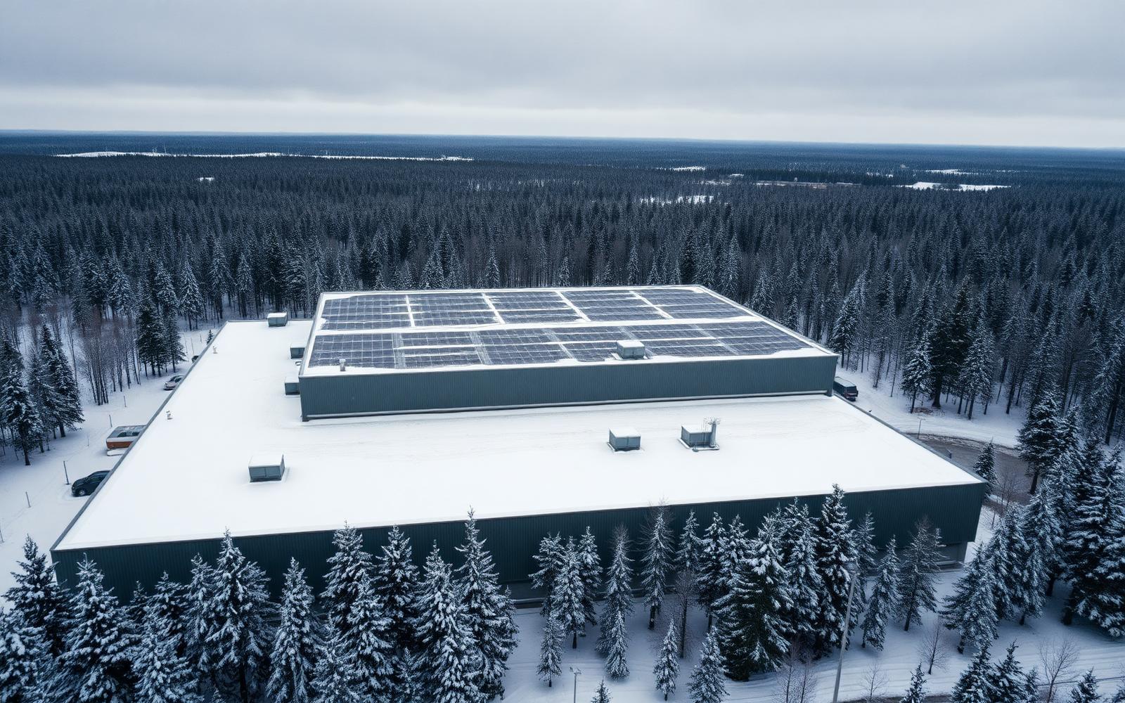 Ilmakuva suomalaisesta teollisuusrakennuksesta, jonka tasakatolla on paksu lumikuorma ja lasermittari valvoo rakenteellista taipumaa