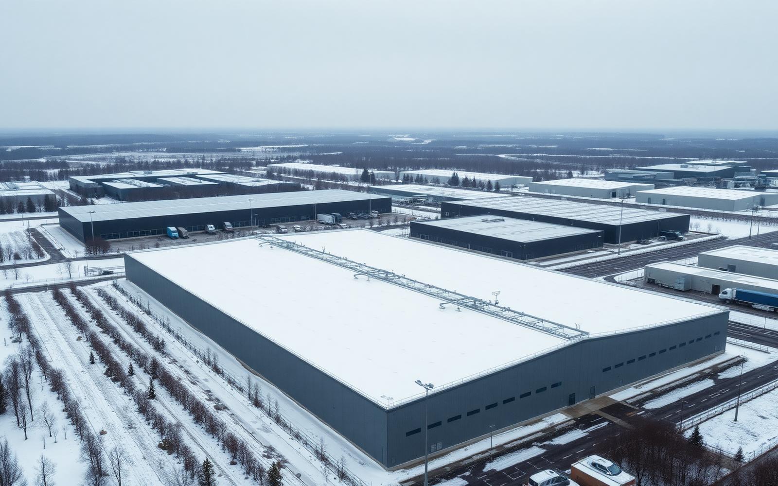 Flygfoto över en modern logistikbyggnad i Sverige med snötäckt platt tak där lasermätare kontinuerligt övervakar takkonstruktionens nedböjning