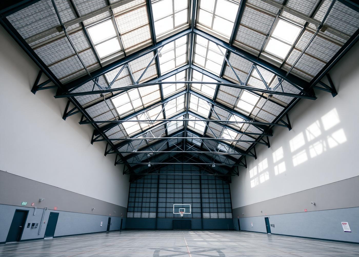 Helles Interieur einer modernen deutschen Sporthalle mit hohen Stahlfachwerken und Oberlichtern, der Gebäudetyp, der über das NevoSens LoRa Gateway überwacht wird