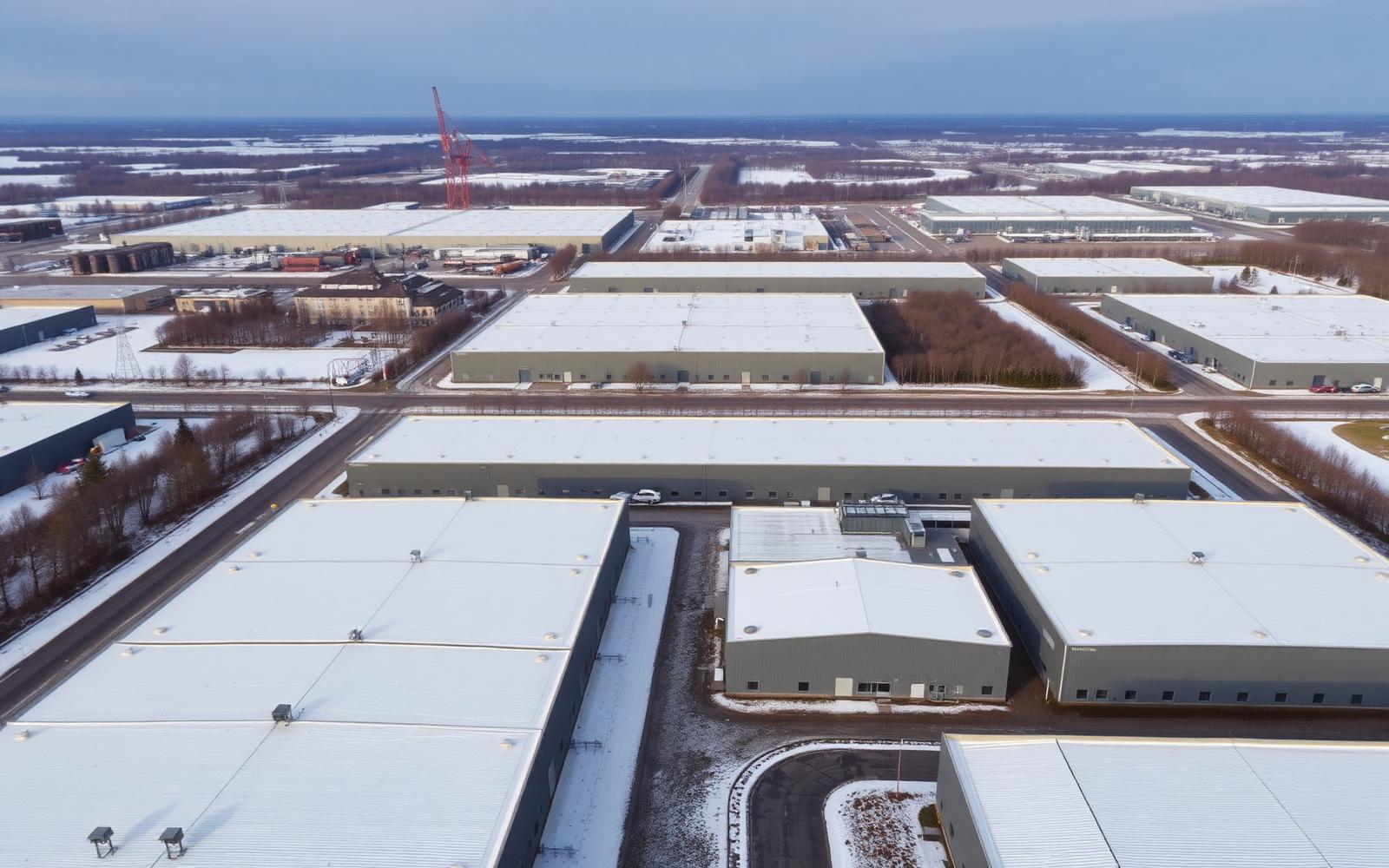 Luftaufnahme eines großen deutschen Industrie- und Logistikparks mit schneebedeckten Flachdächern, per NevoSens LoRa Gateway an die NevoMesh-Cloud angebunden