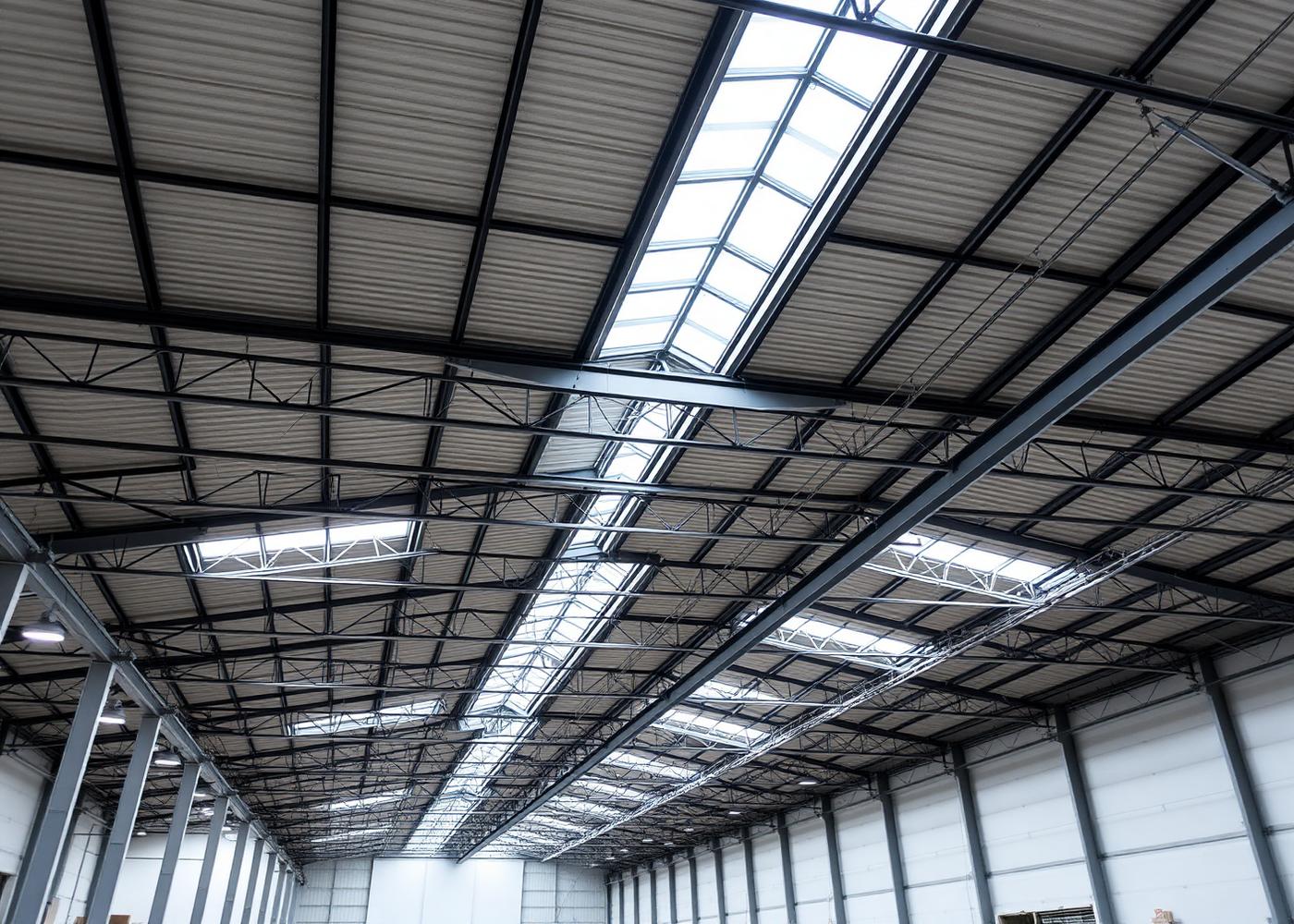 Bright interior of a modern logistics warehouse with high steel roof trusses and skylights, the type of facility monitored via the NevoSens LoRa gateway