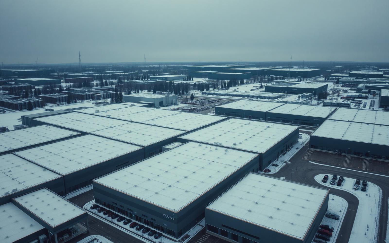 Aerial view of a large industrial logistics park with snow-covered flat rooftops, connected remotely through the NevoSens LoRa gateway to the NevoMesh cloud