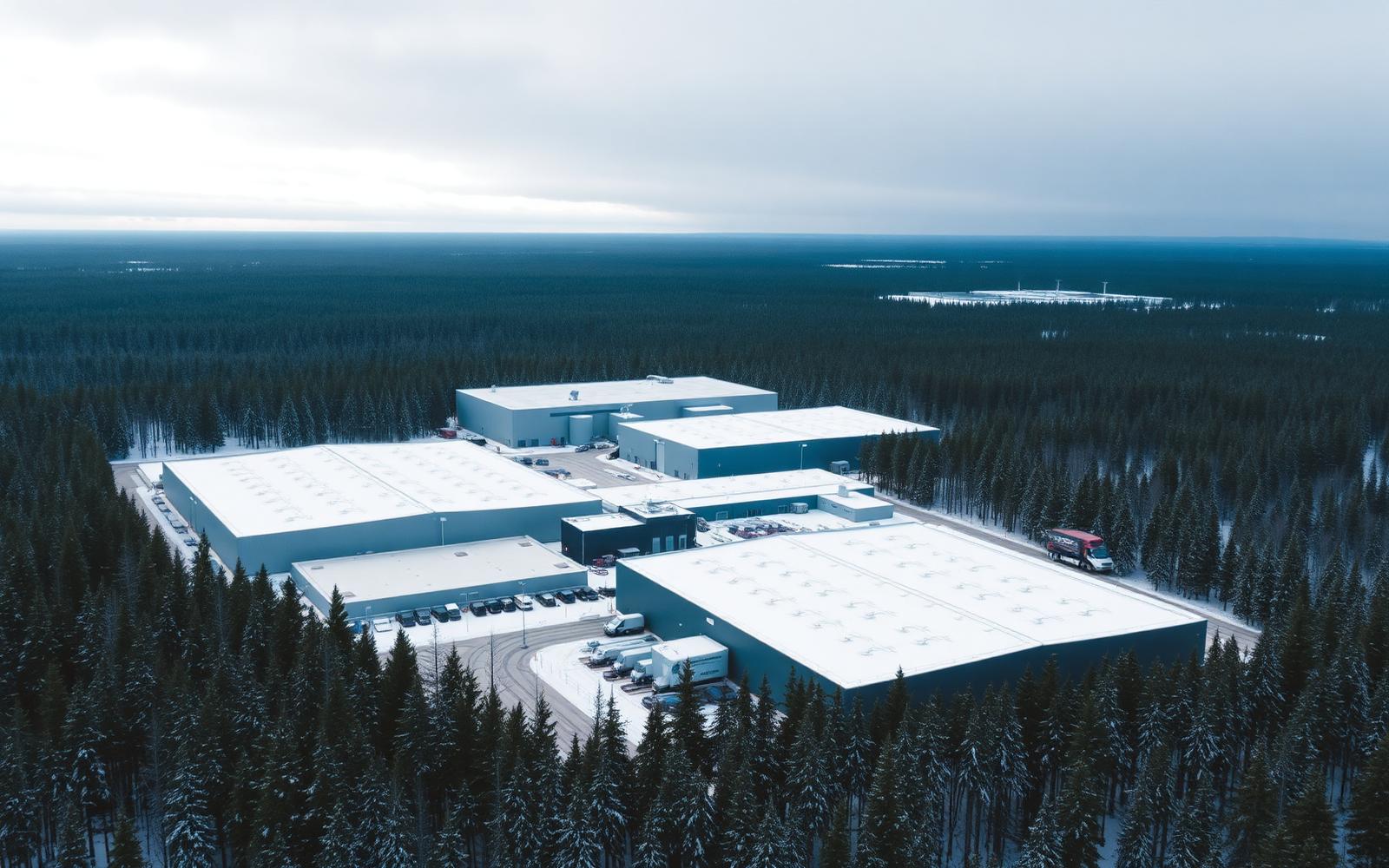 Ilmakuva suomalaisesta teollisuus- ja logistiikka-alueesta lumen peittämine tasakattoineen tiheän havumetsän keskellä, etävalvottuna NevoSens LoRa Gatewayn kautta