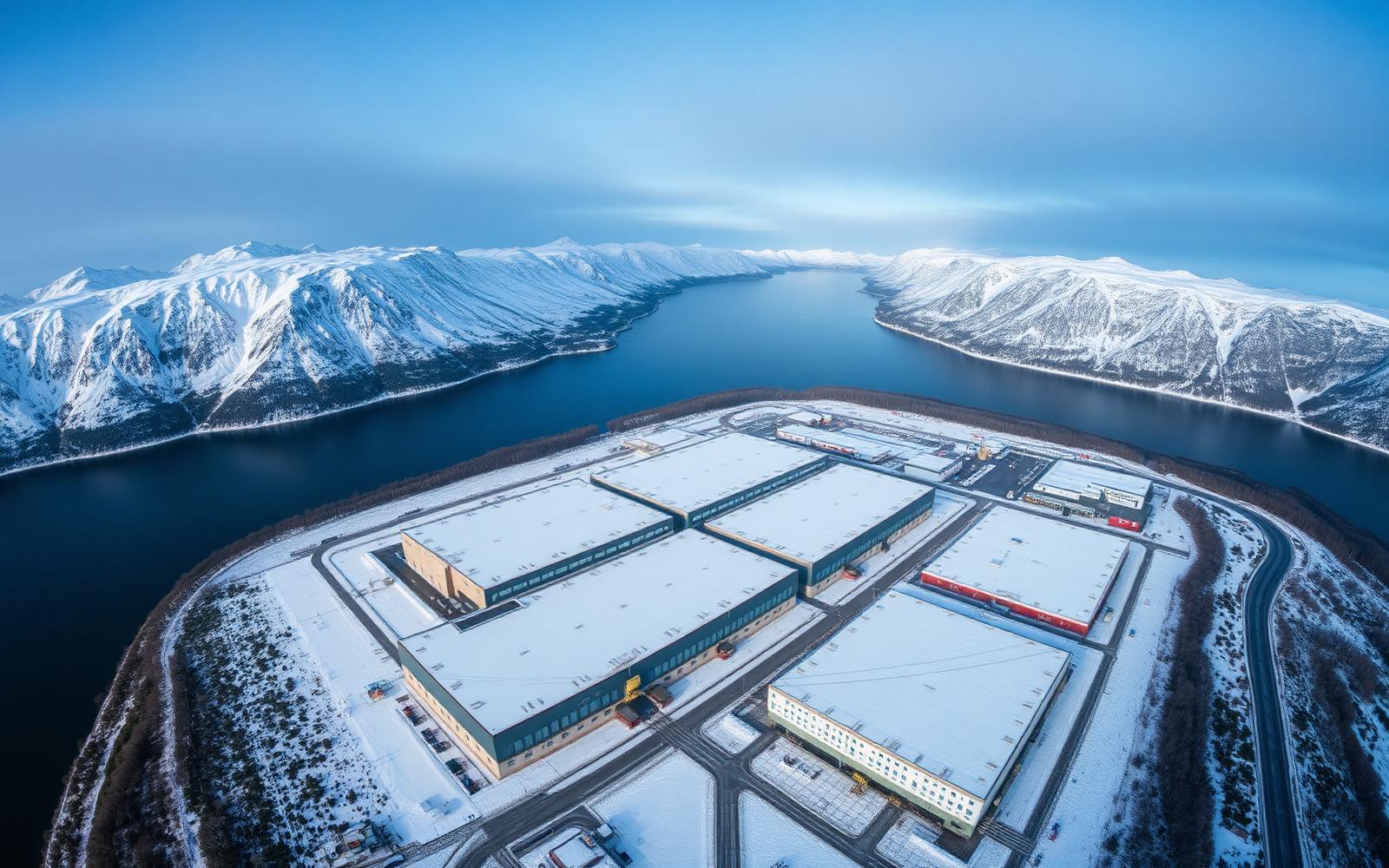 Flyfoto av et norsk industri- og logistikkanlegg med snødekte flate tak, omgitt av fjell og fjord, fjernovervåket via NevoSens LoRa Gateway