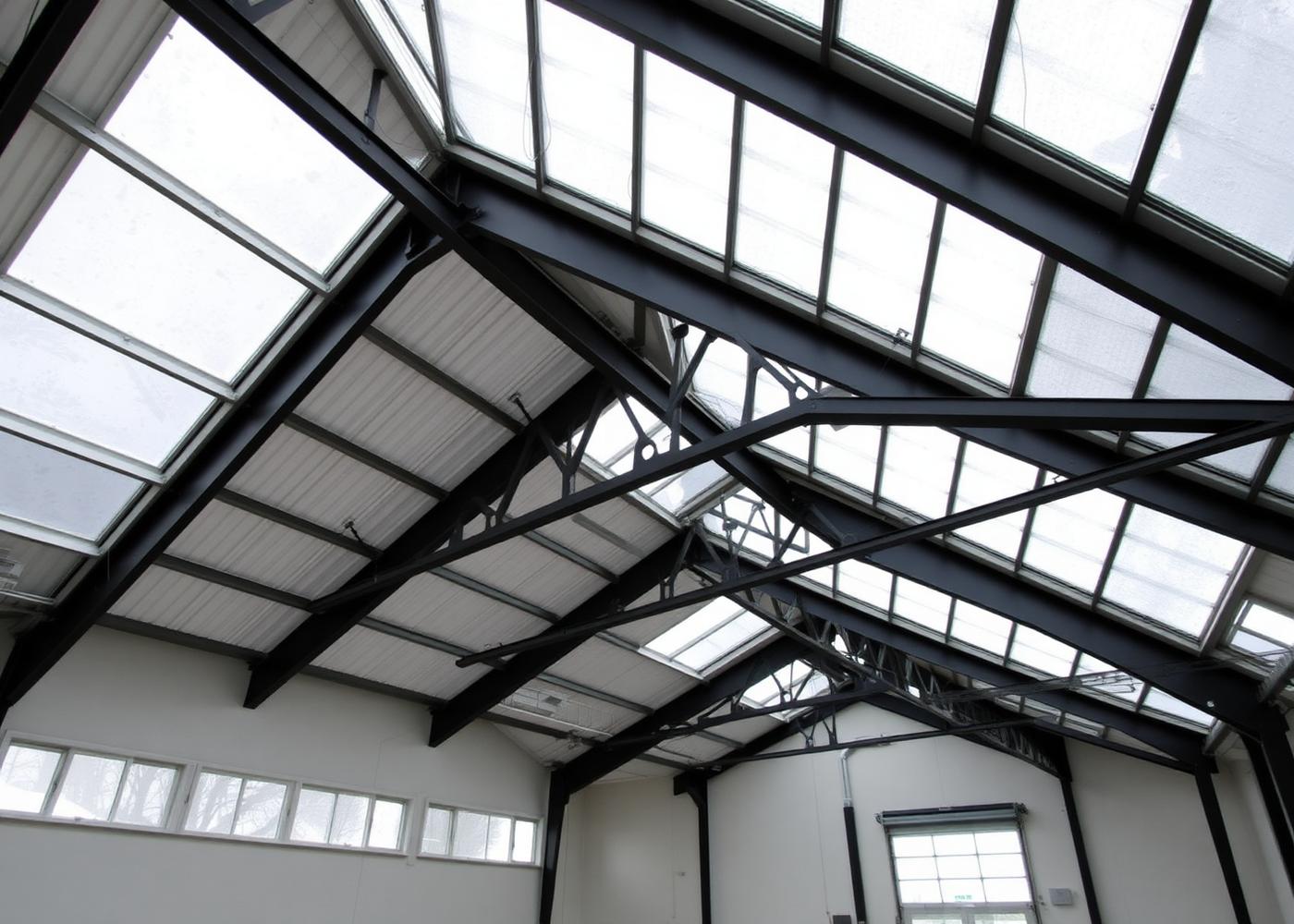 Ljust interiörperspektiv av en modern svensk logistikhall med höga stålfackverk och takfönster, den typ av byggnad som övervakas via NevoSens LoRa Gateway