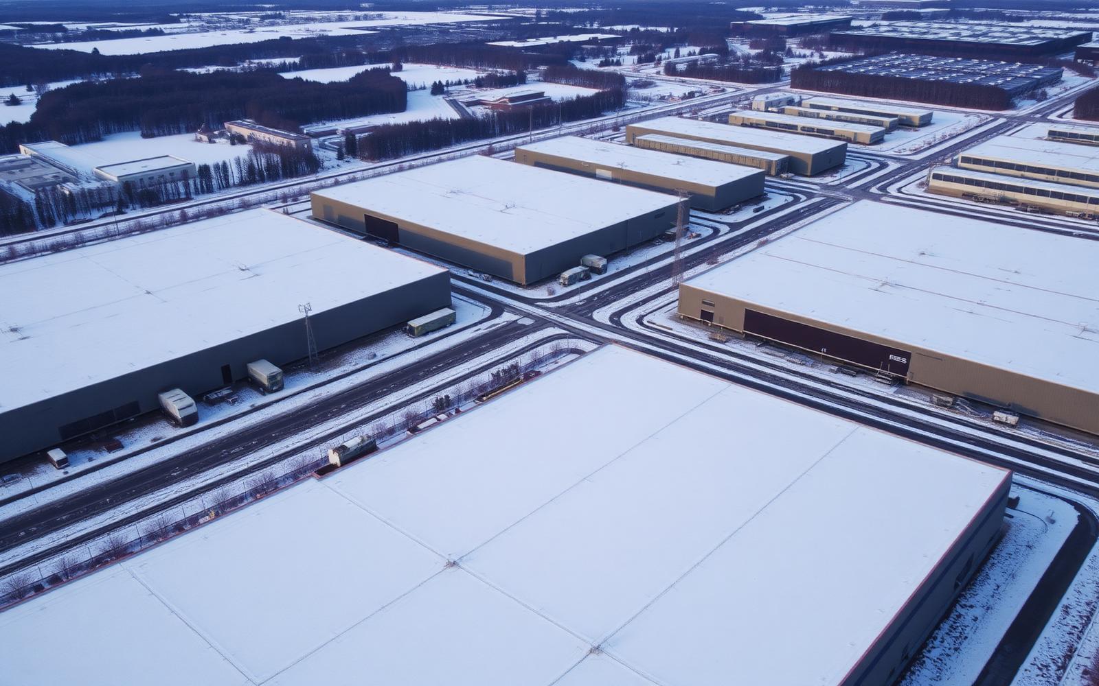 Flygbild över ett stort svenskt industri- och logistikområde med snötäckta platta tak, fjärranslutna via NevoSens LoRa Gateway till NevoMesh-molnet