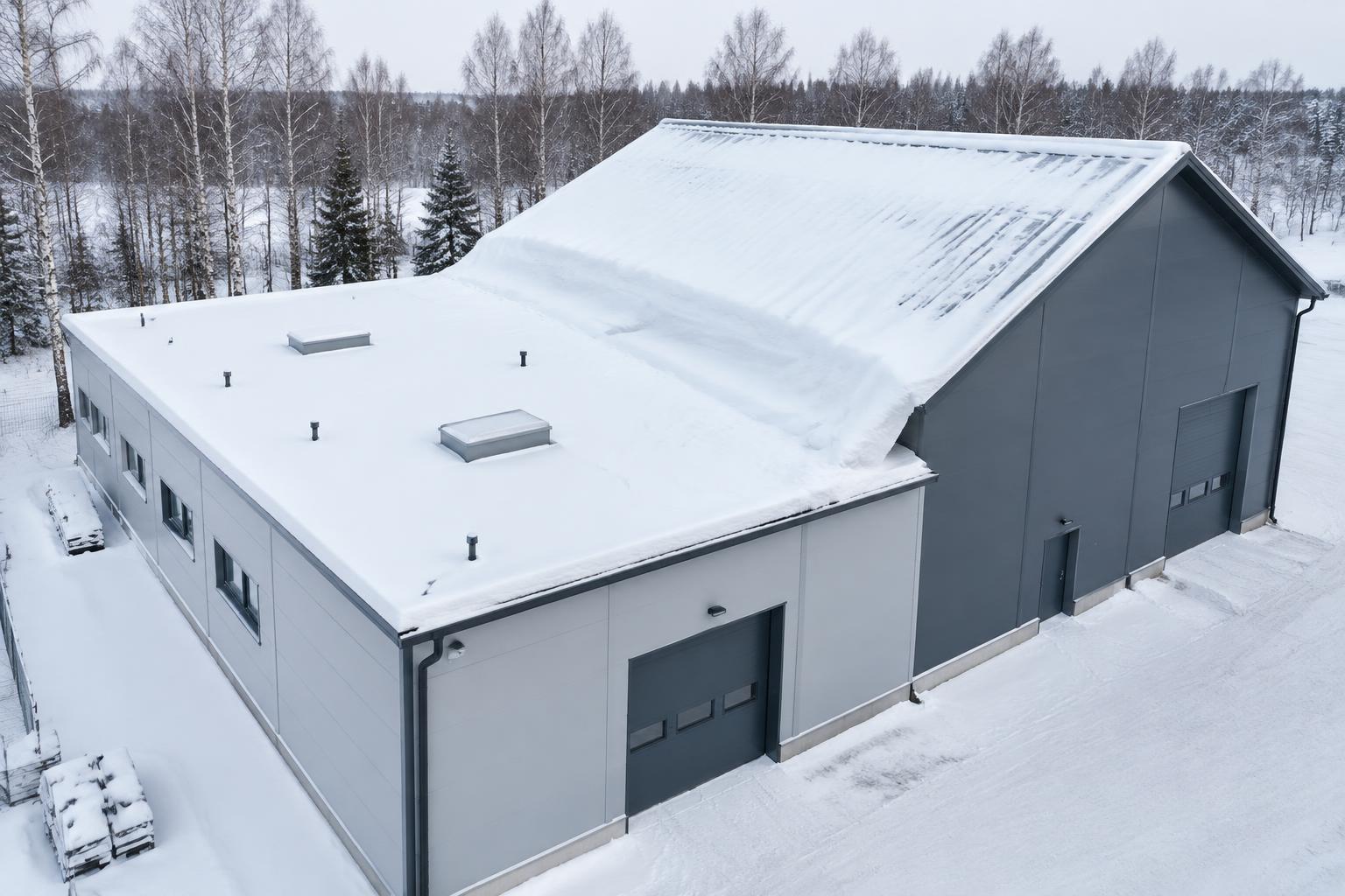 Lumen peittämä suomalainen teollisuusrakennus, jossa on tasakatto ja korkeampi harjakatto sekä kinostunutta lunta kattotasojen välissä