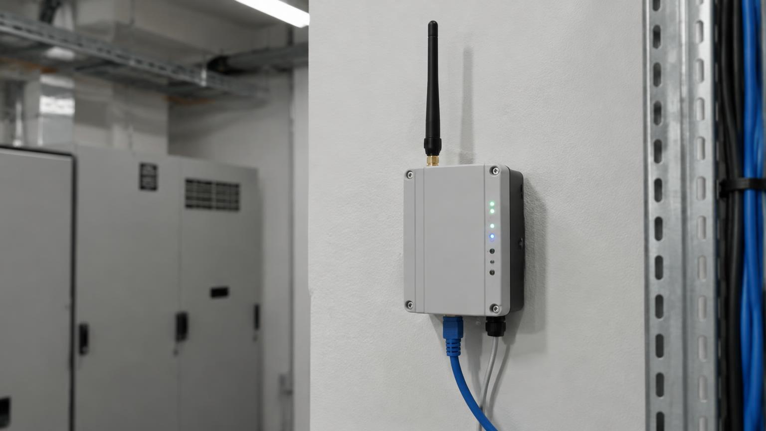 LoRa-gateway antenneineen kiinnitettynä teknisen tilan seinään rakennuksessa