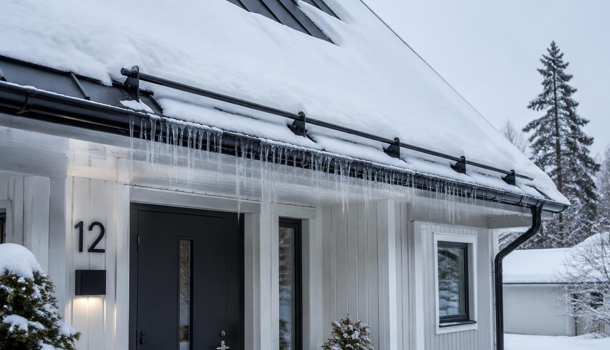 Snörasskydd ovanför entrén på ett snötäckt plåttak med hängande istappar