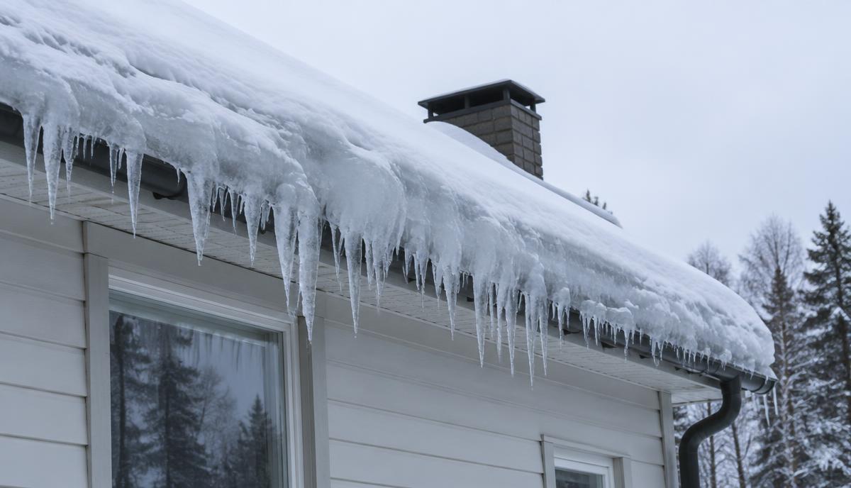 Ice dam with long icicles forming along the snow-covered eaves of a residential roof in winter