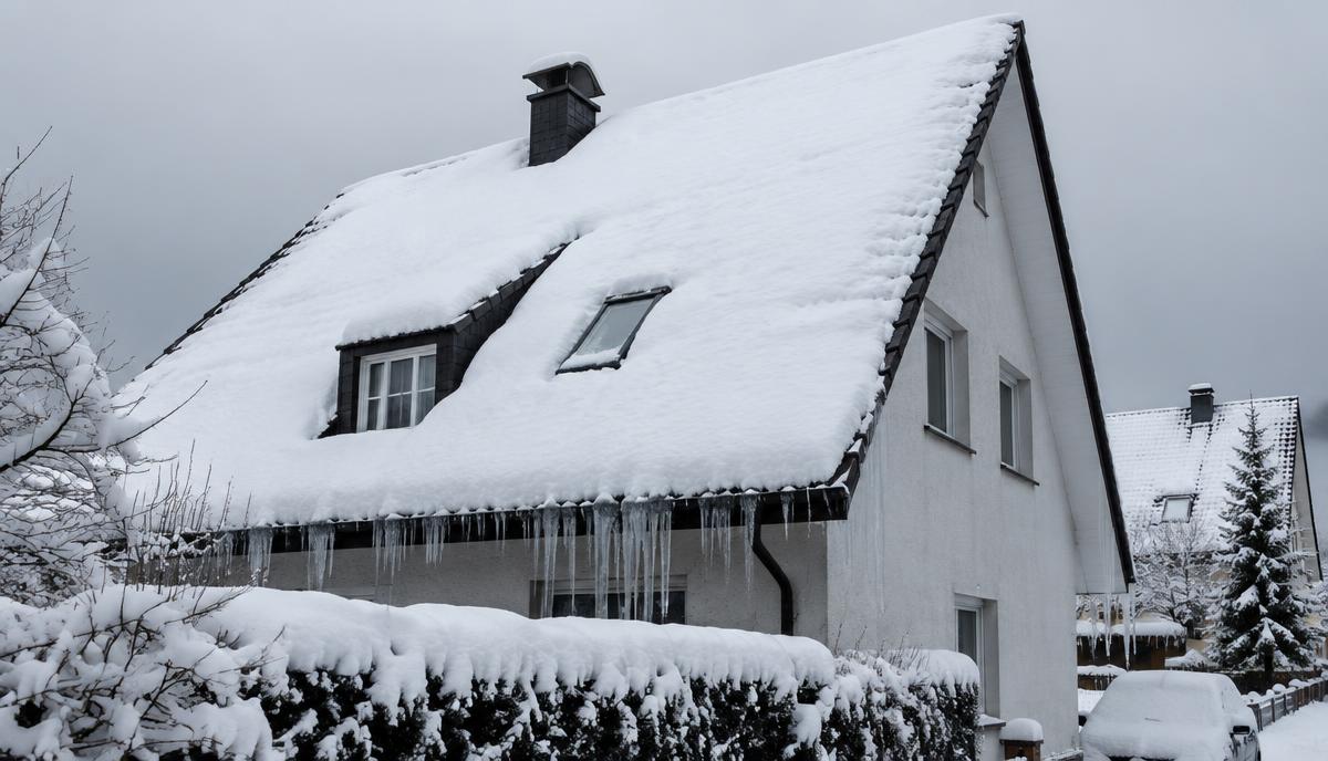 Verschneites Satteldach eines deutschen Wohnhauses mit dicker Schneeschicht und langen Eiszapfen am Dachrand