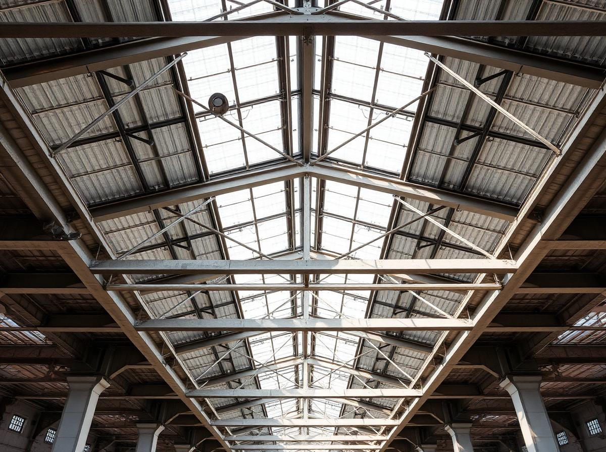 Weißer NevoNode Sensorknoten mit Antenne an einer Betonstütze in einer deutschen Industriehalle mit Holzdachtragwerk