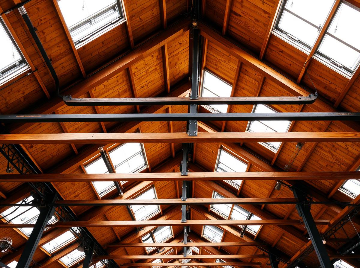 White NevoNode wireless sensor node mounted on a steel column inside a bright industrial warehouse ceiling with exposed roof trusses
