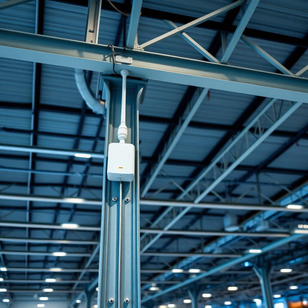 Compact NevoNode IoT sensor node connecting multiple wireless sensors under the roof of a large modern logistics hall