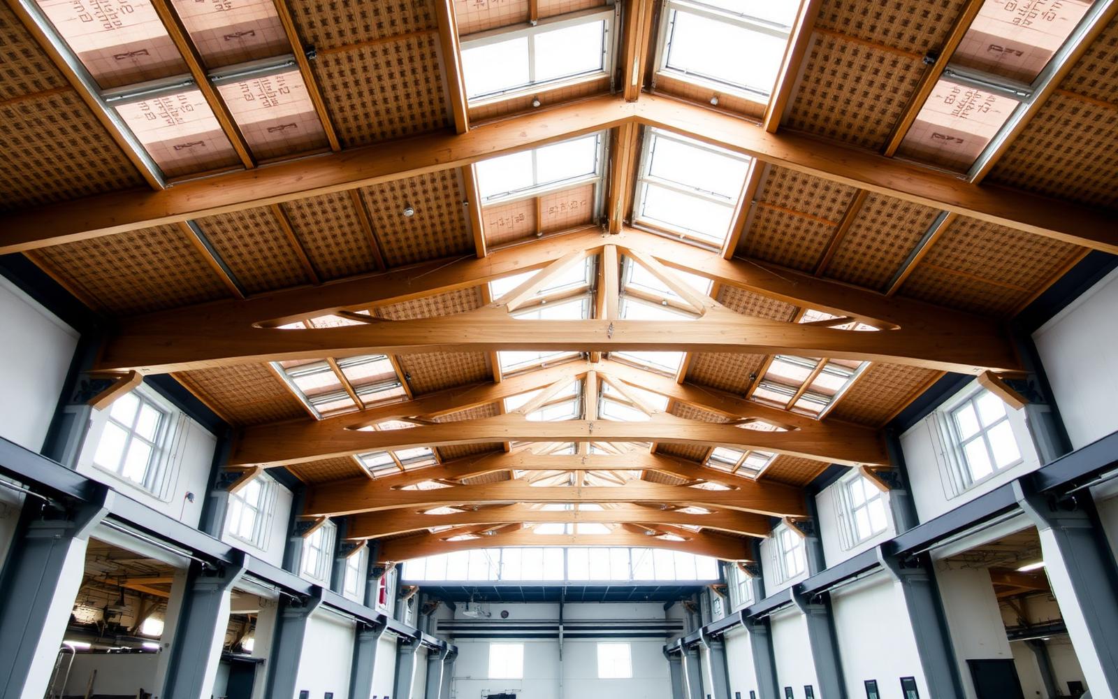 Interiörvy av en svensk industrihall med limträtakstolar och takfönster som visar en typisk installationsmiljö för NevoNode sensornod