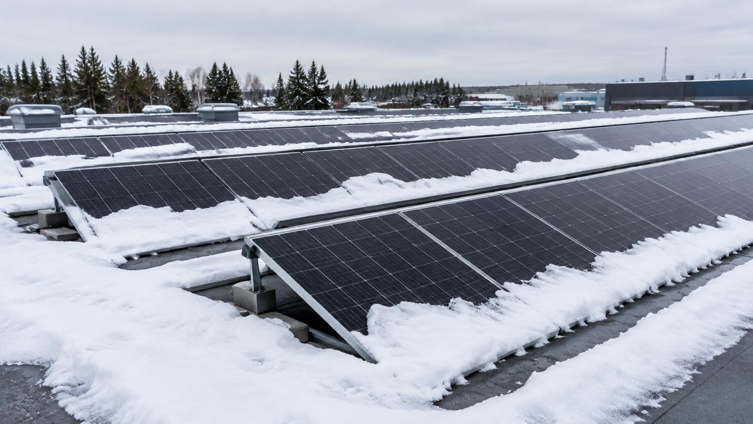 Snöansamling vid solpanelernas nedre kanter och mellan panelrader på ett svenskt industritak