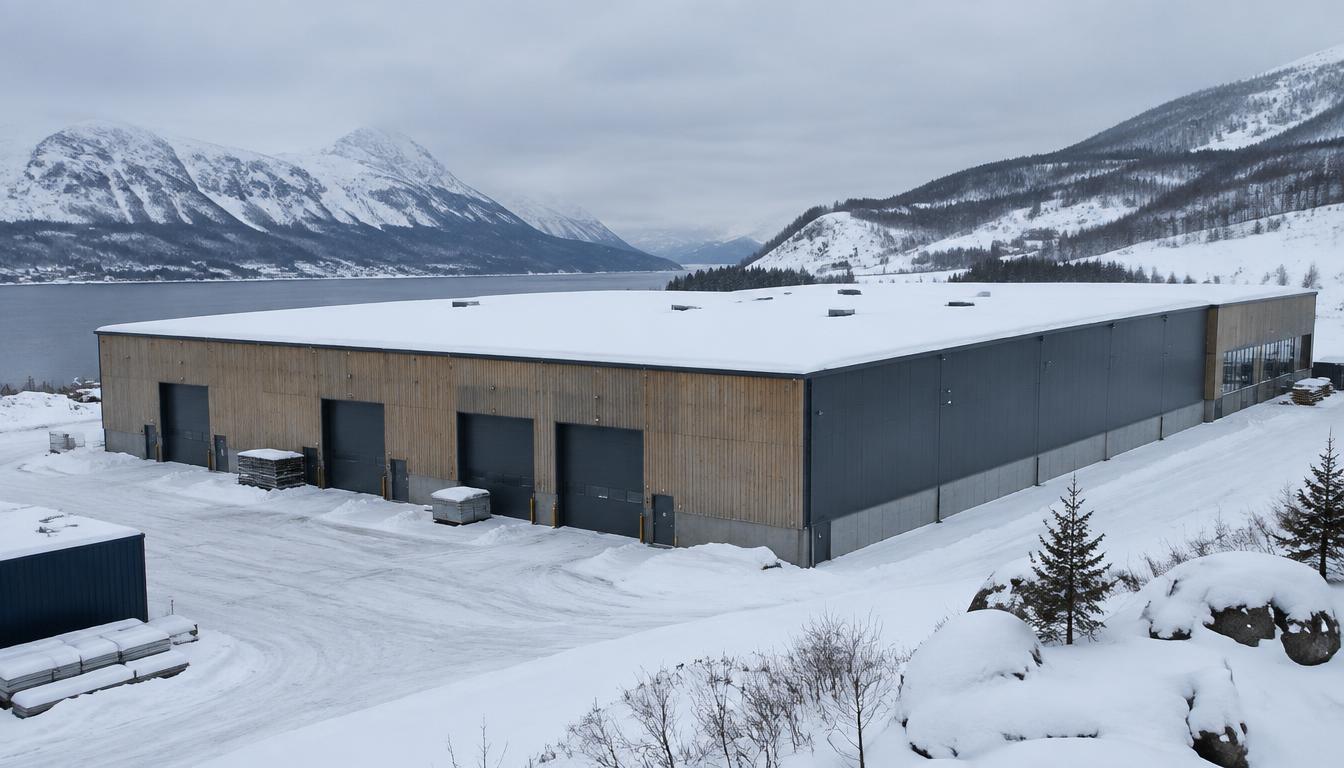 Stor lagerhall med tykt snølag på taket i norsk vinterlandskap
