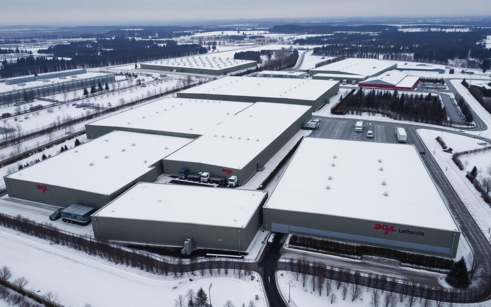 Luftaufnahme eines deutschen Logistikkomplexes mit riesigen, mit dickem Winterschnee bedeckten Flachdächern