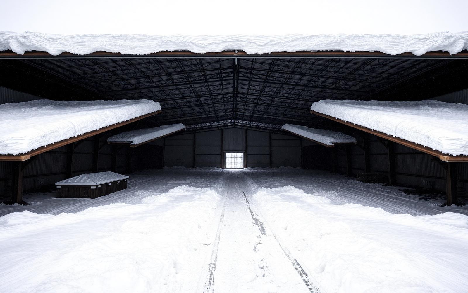 Innenansicht einer deutschen Industriehalle mit tiefem Schnee auf den Vordächern und dem Boden während eines strengen Winters