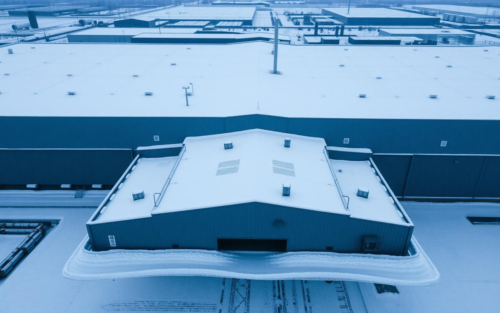 Aerial view of a snow-covered logistics warehouse rooftop under a full winter snow load