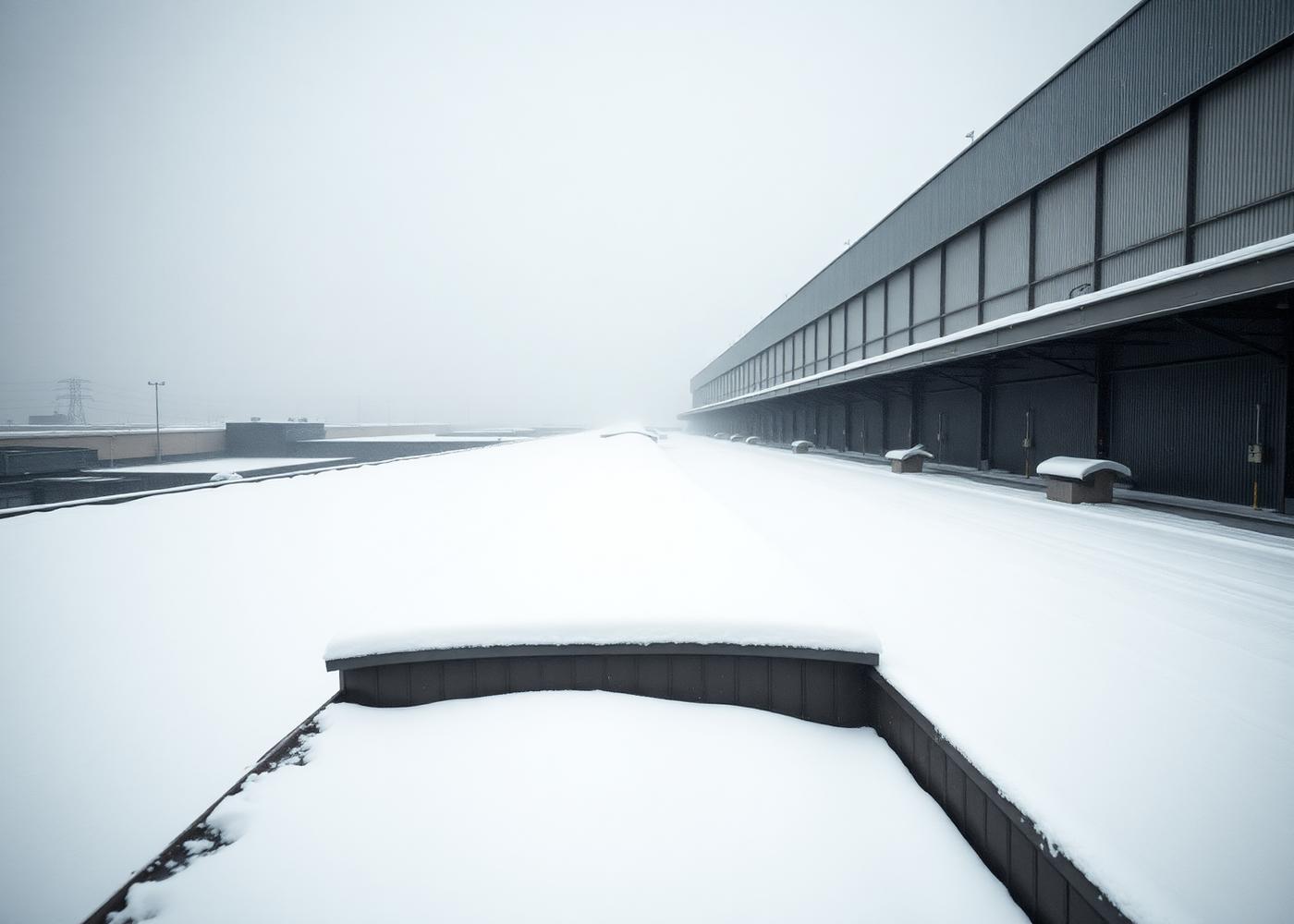 Heavy snow accumulation on a large flat industrial warehouse roof after a winter storm
