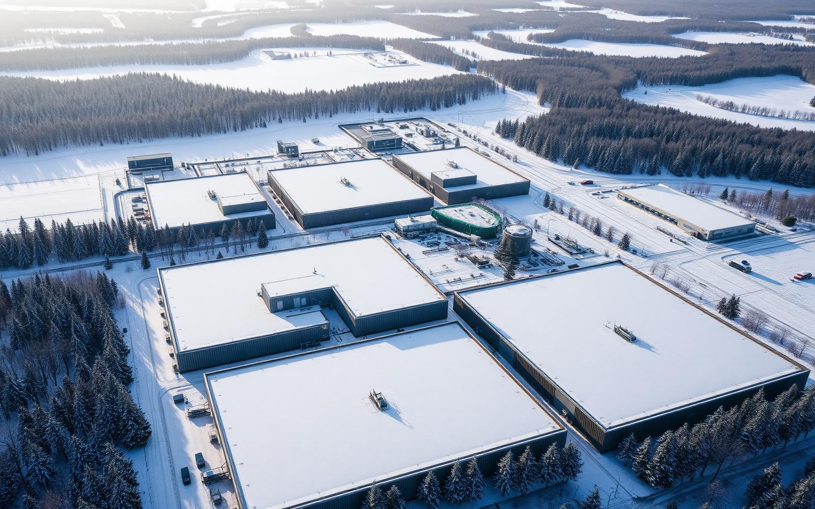 Flyfoto av nordiske lagerbygg med tak begravd under et tykt lag med snø