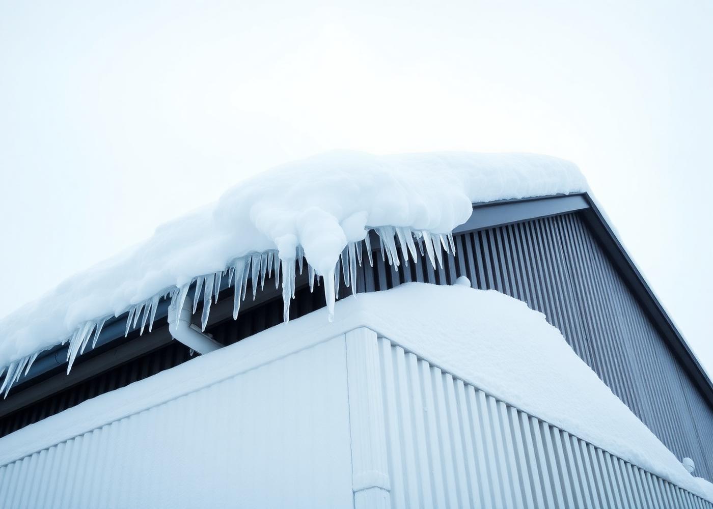 Nordisk industribygg med tak dekket av tung, våt snø og istapper langs takkanten