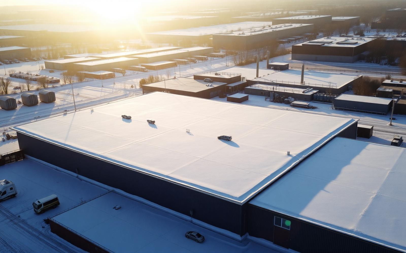 Flygbild över ett stort svenskt industriområde med lagerbyggnader och tak täckta av tung vintersnö