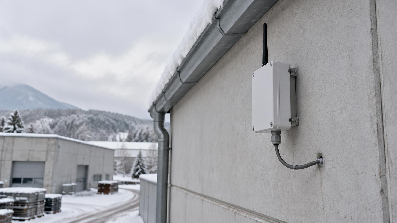 LoRa Gateway mit Antenne an der Außenwand eines Industriegebäudes im Winter