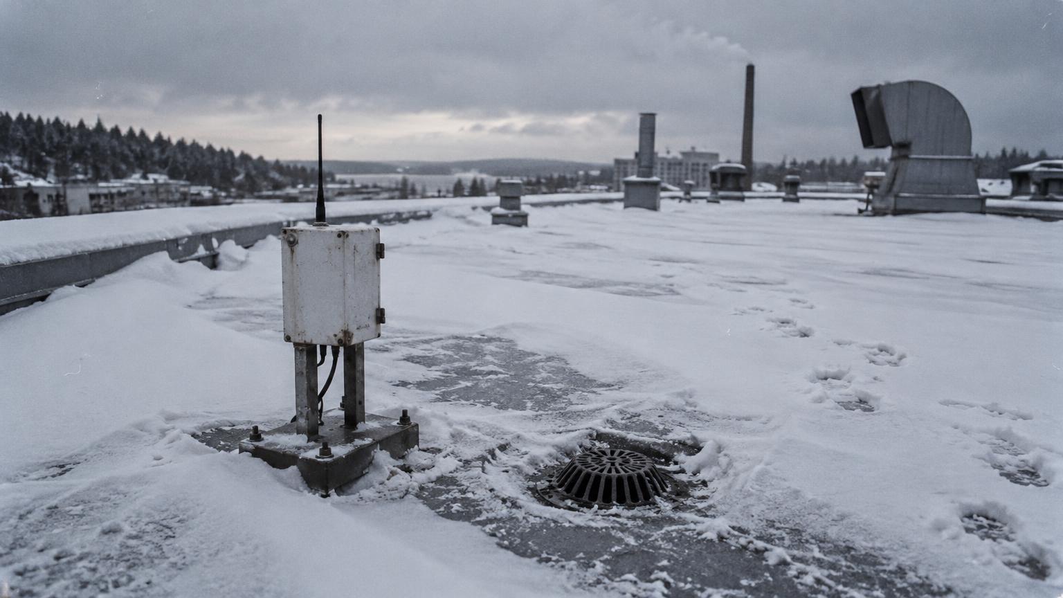 Sensorbox mit Antenne auf einem schneebedeckten Flachdach neben einem Dachablauf