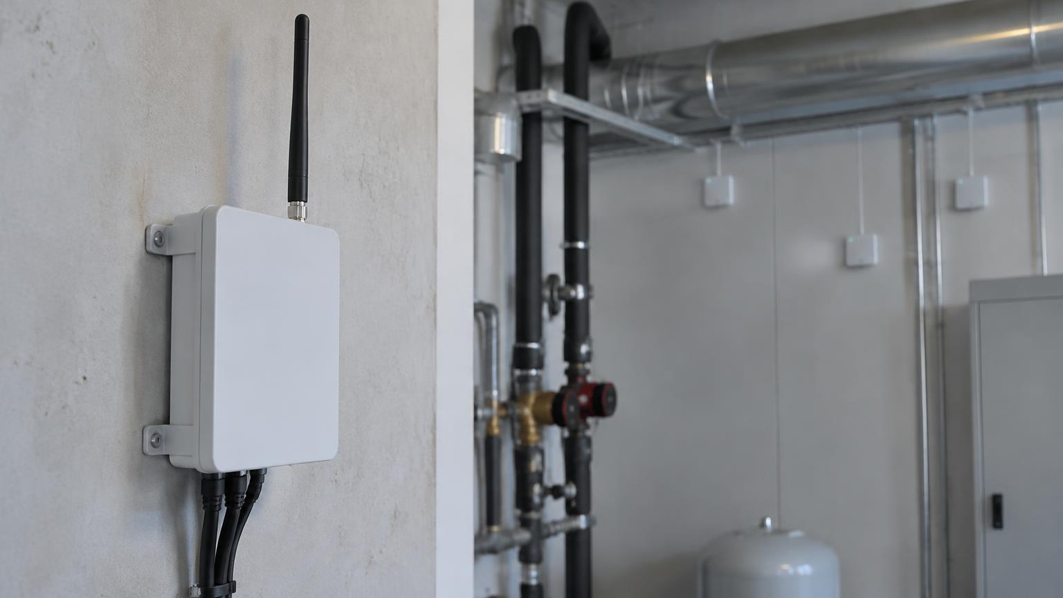 A LoRa gateway with an external antenna mounted on a wall in a technical room